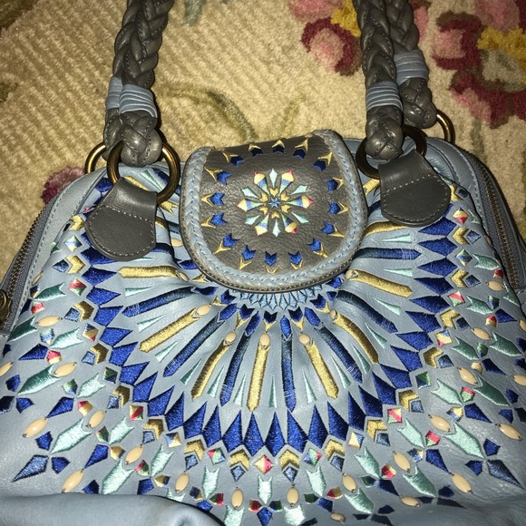 Isabella Fiore Serina Mosaic Moroccan Blue Bohemian Embroidered Satchel Hobo Bag - Picture 4 of 15